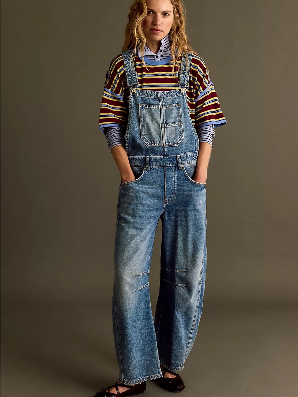 Free People We The Free Good Luck Barrel Overalls Large Ultra Light Beam NWT